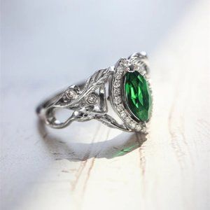 💎 Emerald Marquis Gem Leaf Weave Silver Noble Rings for Women, MARR9098